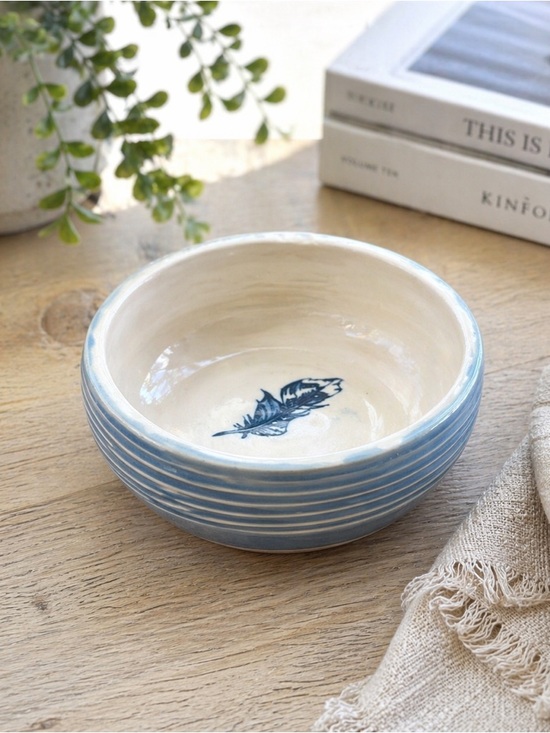 Handmade Other - Hand Thrown Art Pottery Bowl Blue Feather Studio Clay Dish Rustic Handmade